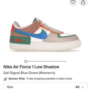 Nike Air Force 1. Low Shadow . Blue and Green. Size 7.